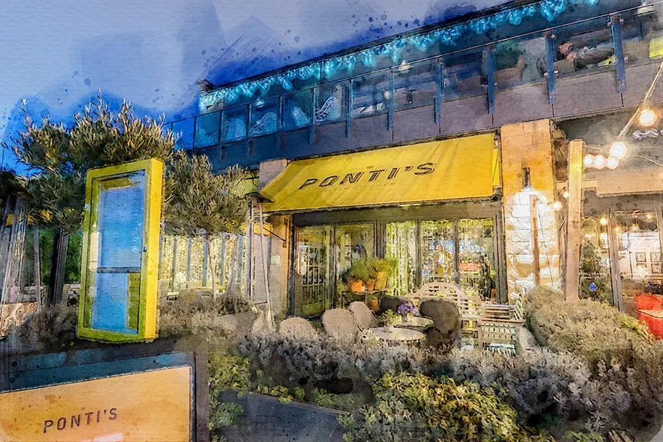 Water colour of the exterior of the Ponti's Italian Kitchen Fox Valley venue