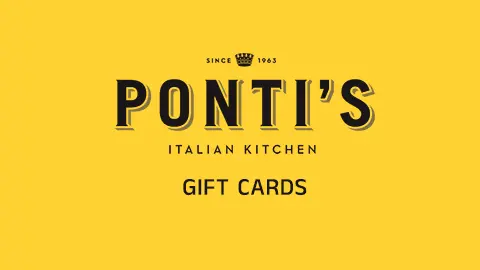 Ponti's gift card and logo on a yellow background